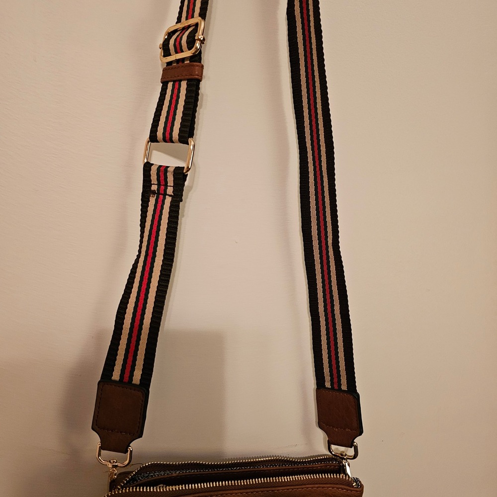 Brown Vegan Leather Triple Zip Crossbody Bag with Striped Guitar Strap Clutch - Picture 9 of 11